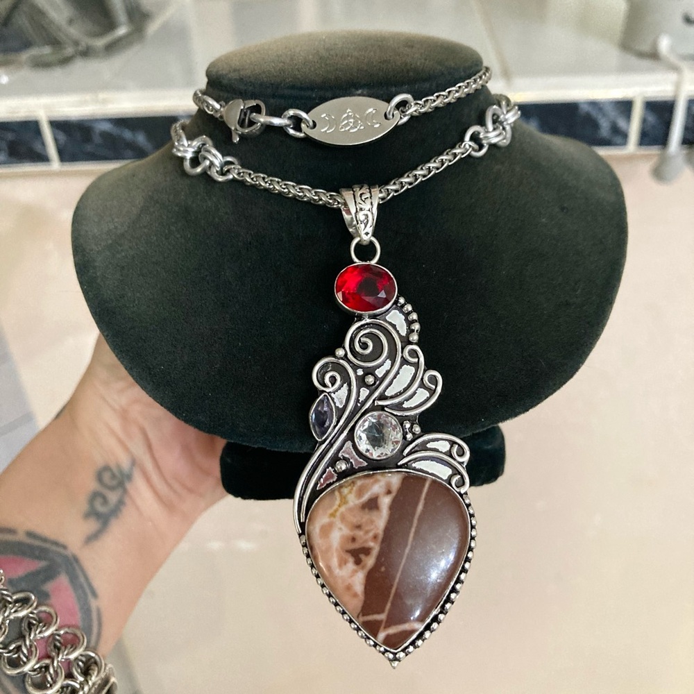 925 sterling silver overlay jasper ,red & clear cz gemstone boho charm necklace